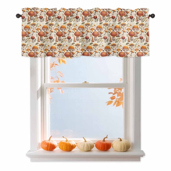 Kitchen Cafe Valance Curtain for Small Windows,Farm Mushroom Fall Orange Leaf Rod Pocket Short Valances,54x18in