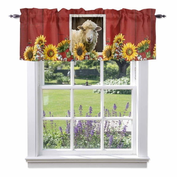 Kitchen Cafe Valance Curtain for Small Windows,Farm Red Barn and Animal Sheep Rod Pocket Short Valances,42x18in