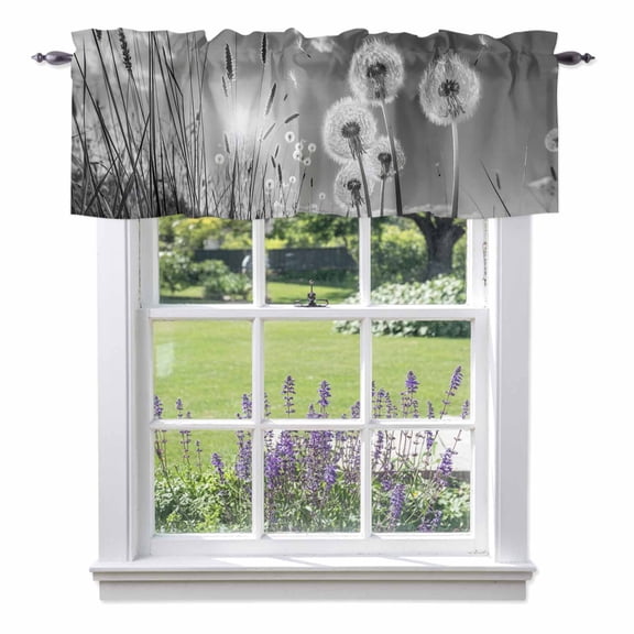 Kitchen Cafe Valance Curtain for Small Windows,Farmhouse Grey Field Dandelion Rural Plant Rod Pocket Short Valances,42x12in