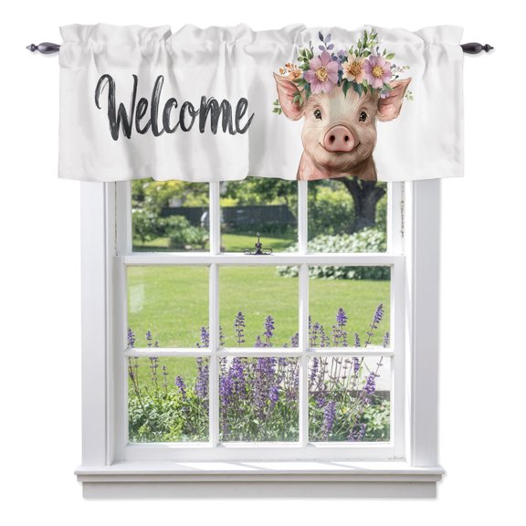 Kitchen Cafe Valance Curtain for Small Windows,Farmhouse Pig with Wreath Rod Pocket Short Valances,42x12in
