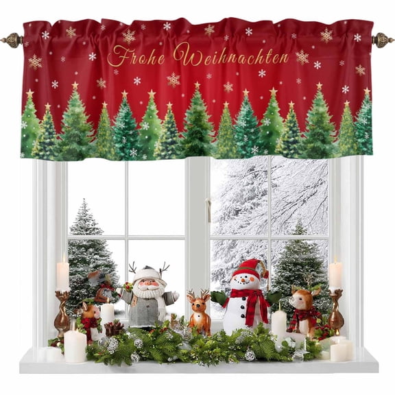 Kitchen Cafe Valance Curtain for Small Windows,Frohe Weihnachten on Red Rod Pocket Short Valances,42x12in