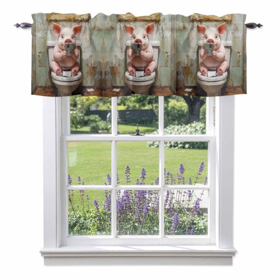 Kitchen Cafe Valance Curtain for Small Windows,Funny Pig Sitting on Toilet Bathroom Rod Pocket Short Valances,42x12in