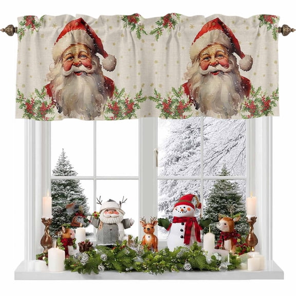 Kitchen Cafe Valance Curtain for Small Windows,Funny Santa Claus Red Poinsettia Rod Pocket Short Valances,42x12in