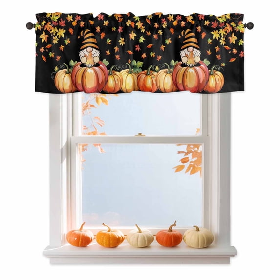 Kitchen Cafe Valance Curtain for Small Windows,Gnome on Autumn Pumpkins Rod Pocket Short Valances,42x18in