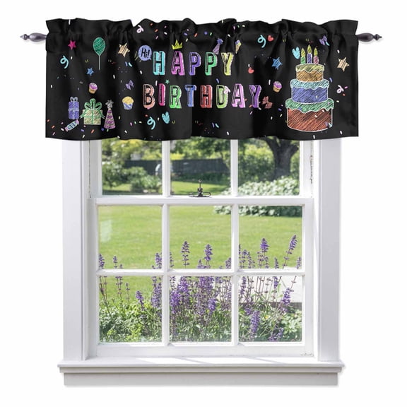 Kitchen Cafe Valance Curtain for Small Windows,Happy Birthday Colorful Line Cake Present Box Rod Pocket Short Valances,54x18in