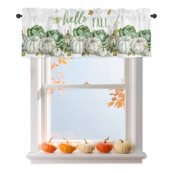 Kitchen Cafe Valance Curtain for Small Windows,Hello Fall Green Pumpkin Cabbage Rod Pocket Short Valances,42x12in