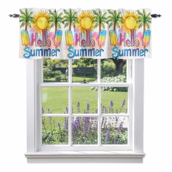 Kitchen Cafe Valance Curtain for Small Windows,Hello Summer Text Sun Palm Tree Rod Pocket Short Valances,42x12in