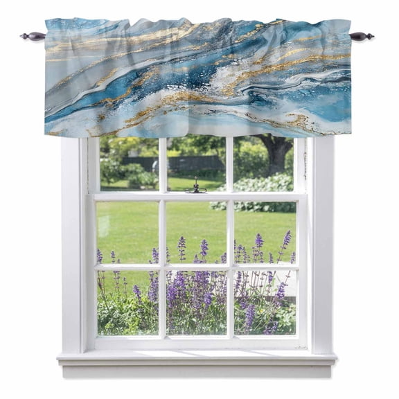 Kitchen Cafe Valance Curtain for Small Windows,Modern Blue Gold Marble Texture Rod Pocket Short Valances,42x18in