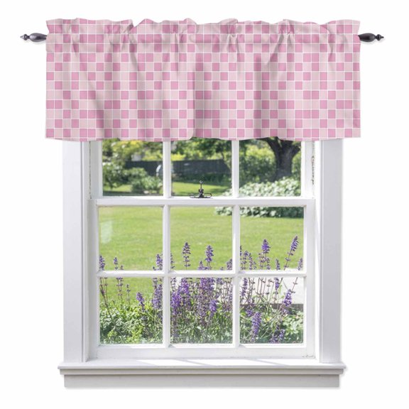 Kitchen Cafe Valance Curtain for Small Windows,Modern Geometric Square Lattice Rod Pocket Short Valances,42x18in
