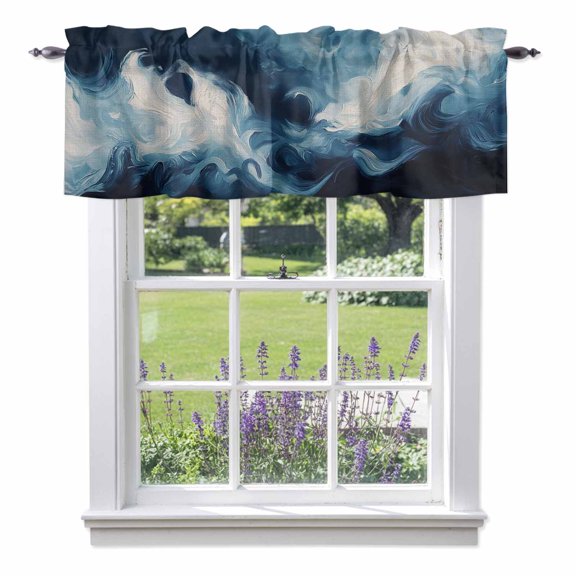 Kitchen Cafe Valance Curtain for Small Windows,Navy Blue Ocean Waves Abstract Style Rod Pocket Short Valances,42x12in