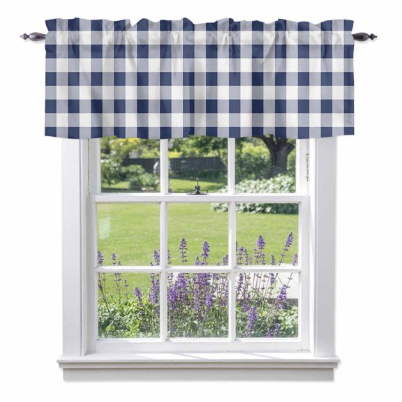 Kitchen Cafe Valance Curtain for Small Windows,Navy Blue and White Grid Rod Pocket Short Valances,42x18in