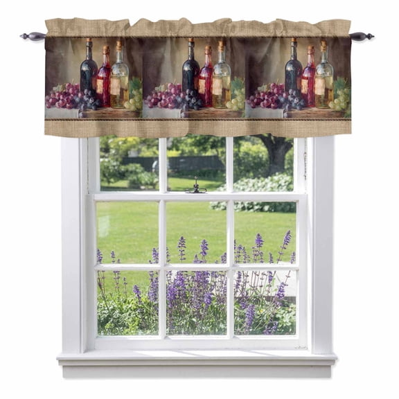 Kitchen Cafe Valance Curtain for Small Windows,Pastoral Grape Leaves Wine Rod Pocket Short Valances,42x12in
