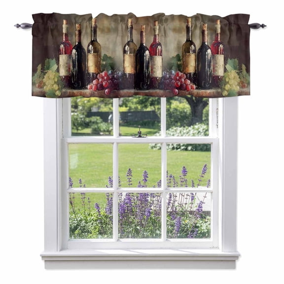 Kitchen Cafe Valance Curtain for Small Windows,Pastoral Grape Leaves Wine Rod Pocket Short Valances,42x12in