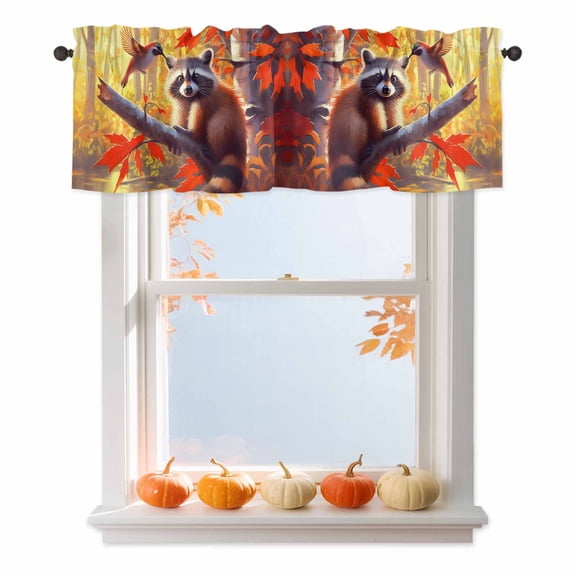 Kitchen Cafe Valance Curtain for Small Windows,Raccoon Hummingbird Autumn Maple Tree Rod Pocket Short Valances,60x18in