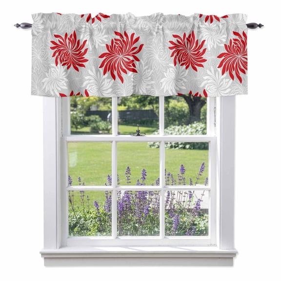 Kitchen Cafe Valance Curtain for Small Windows,Red Gray Chrysanthemum Rod Pocket Short Valances,54x18in