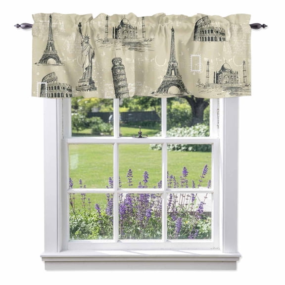 Kitchen Cafe Valance Curtain for Small Windows,Retro Architectural Panorama Rod Pocket Short Valances,42x12in