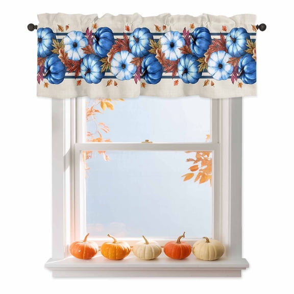 Kitchen Cafe Valance Curtain for Small Windows,Retro Autumn Blue Pumpkins Rod Pocket Short Valances,60x18in