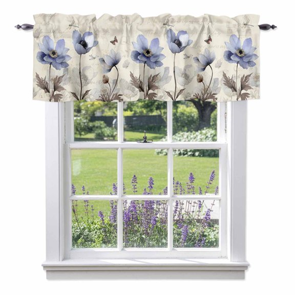 Kitchen Cafe Valance Curtain for Small Windows,Retro Blossom Blue Purple Floral Rod Pocket Short Valances,42x12in