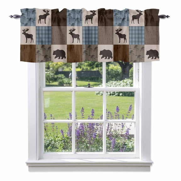 Kitchen Cafe Valance Curtain for Small Windows,Retro Deer Bear Plaid Check Rod Pocket Short Valances,42x12in