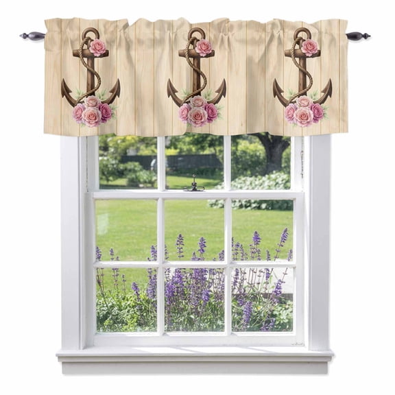Kitchen Cafe Valance Curtain for Small Windows,Retro Nautical Anchor Pink Rose Rod Pocket Short Valances,42x12in
