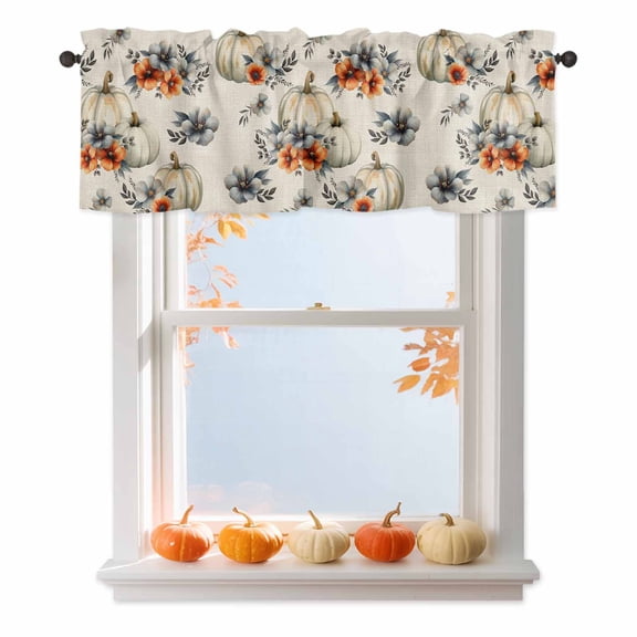 Kitchen Cafe Valance Curtain for Small Windows,Retro Pumpkin Flower Leaf on Linen Rod Pocket Short Valances,54x18in