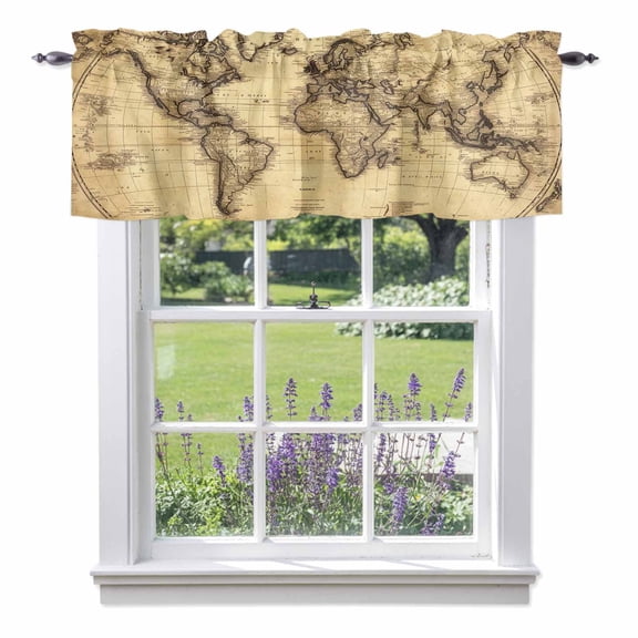 Kitchen Cafe Valance Curtain for Small Windows,Retro Yellow World Map North America Asia Rod Pocket Short Valances,42x12in
