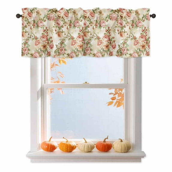 Kitchen Cafe Valance Curtain for Small Windows,Rose Flower Leaf Seamless Rod Pocket Short Valances,42x18in