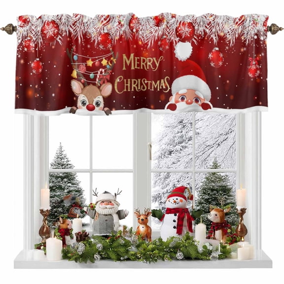 Kitchen Cafe Valance Curtain for Small Windows,Santa Claus Deer Red Xmas Ball Rod Pocket Short Valances,60x18in