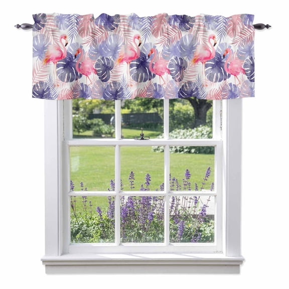 Kitchen Cafe Valance Curtain for Small Windows,Summer Flamingo Monstera Rod Pocket Short Valances,42x12in