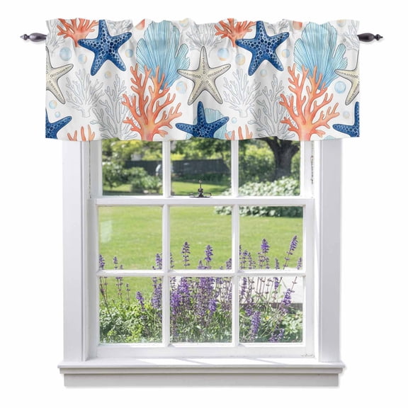 Kitchen Cafe Valance Curtain for Small Windows,Summer Starfish Coral Shell Bubble Rod Pocket Short Valances,42x12in