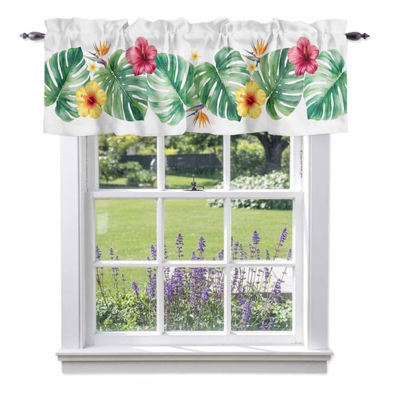 Kitchen Cafe Valance Curtain for Small Windows,Tropical Monstera Hibiscus Flower Rod Pocket Short Valances,42x12in