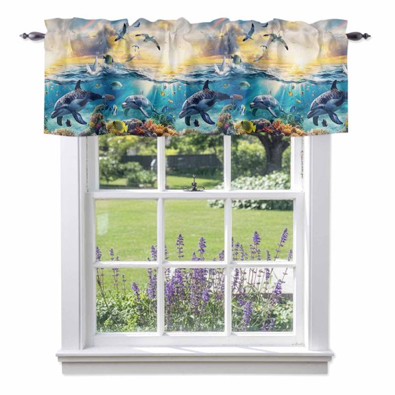Kitchen Cafe Valance Curtain for Small Windows,Underwater World Dolphins Seagulls Rod Pocket Short Valances,42x12in