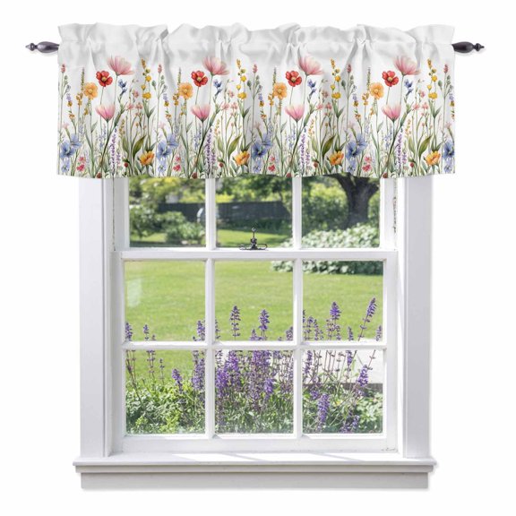 Kitchen Cafe Valance Curtain for Small Windows,Watercolor Country Wildflower Rod Pocket Short Valances,42x12in