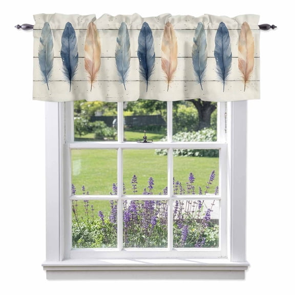 Kitchen Cafe Valance Curtain for Small Windows,Watercolor Feather Farm Wood Grain Rod Pocket Short Valances,42x12in