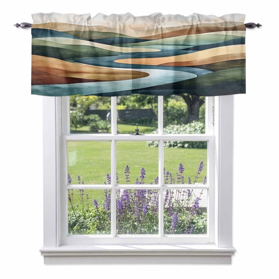 Kitchen Cafe Valance Curtain for Small Windows,Watercolor Mountain River Landscape Rod Pocket Short Valances,42x12in