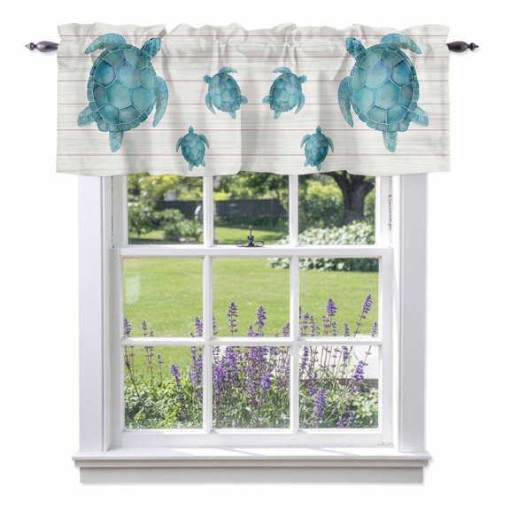 Kitchen Cafe Valance Curtain for Small Windows,Watercolor Ocean Teal Turtle Rod Pocket Short Valances,42x12in