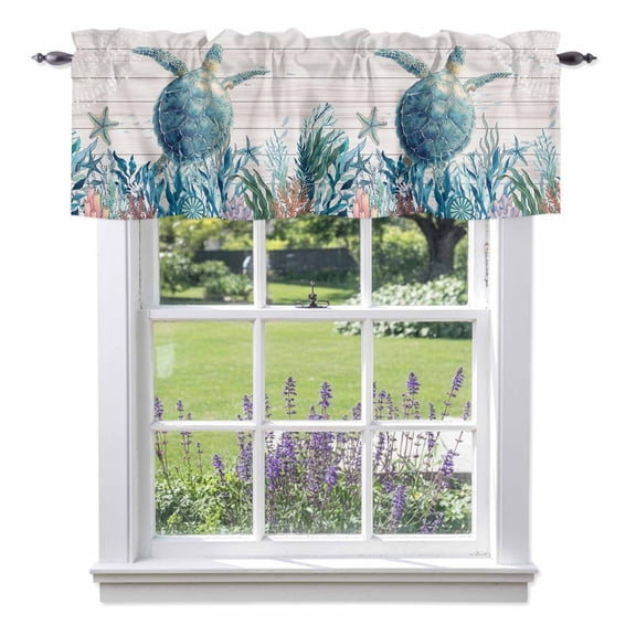 Kitchen Cafe Valance Curtain for Small Windows,Watercolor Sea Turtle on Farm Wood Rod Pocket Short Valances,42x12in