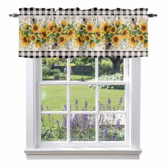 Kitchen Cafe Valance Curtain for Small Windows,Watercolor Sunflower Bee Green Leaves Rod Pocket Short Valances,42x12in