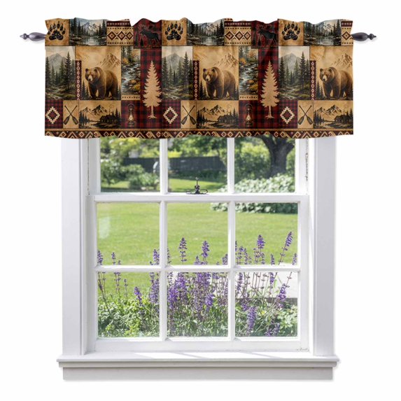 Kitchen Cafe Valance Curtain for Small Windows,Wildlife Bear Forest Pine Tree Rod Pocket Short Valances,42x12in