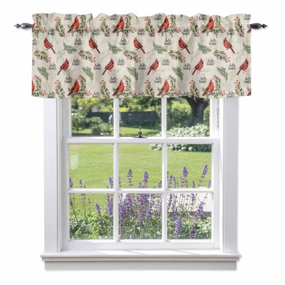 Kitchen Cafe Valance Curtain for Small Windows,Winter Cardinal Leaf Berry Rod Pocket Short Valances,42x18in