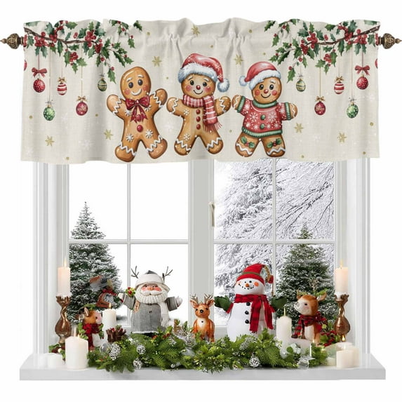 Kitchen Cafe Valance Curtain for Small Windows,Winter Gingerbread Man Xmas Ball Rod Pocket Short Valances,60x18in