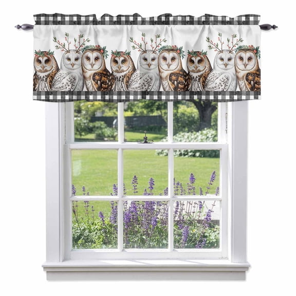Kitchen Cafe Valance Curtain for Small Windows,Winter Owls Christmas Berry Rod Pocket Short Valances,42x12in