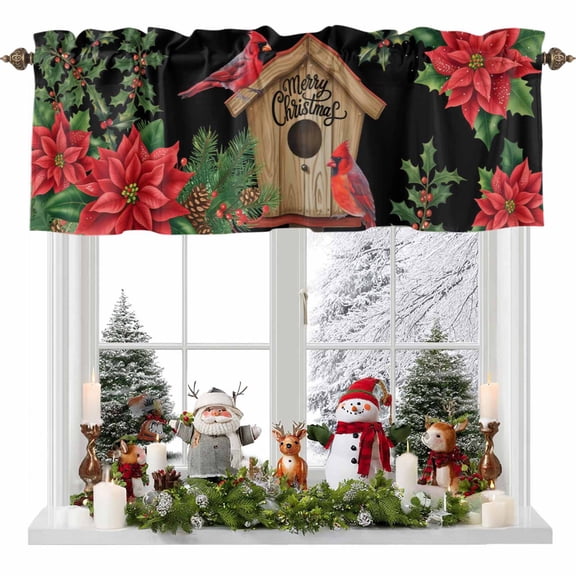 Kitchen Cafe Valance Curtain for Small Windows,Winter Red Bird Flower Berry Rod Pocket Short Valances,42x18in