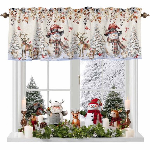 Kitchen Cafe Valance Curtain for Small Windows,Winter Snowman Reindeer Snow Rod Pocket Short Valances,42x12in
