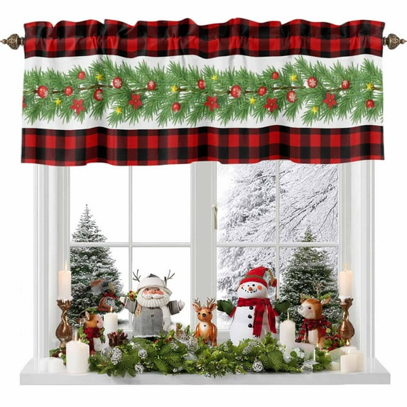 Kitchen Cafe Valance Curtain for Small Windows,Xmas Ball Pine Needles Poinsettia Rod Pocket Short Valances,42x12in