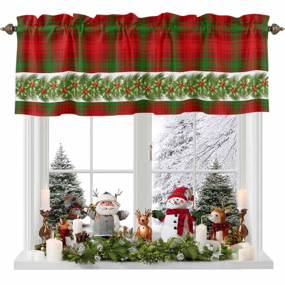 Kitchen Cafe Valance Curtain for Small Windows,Xmas Pine Branches Winter Berry Rod Pocket Short Valances,54x18in