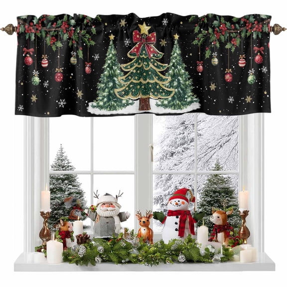 Kitchen Cafe Valance Curtain for Small Windows,Xmas Pine Tree Holly Berry Rod Pocket Short Valances,42x18in