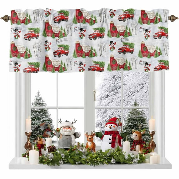 Kitchen Cafe Valance Curtain for Small Windows,Xmas Snowman Snowflake Pine Tree Rod Pocket Short Valances,42x12in