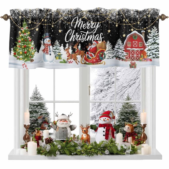 Kitchen Cafe Valance Curtain for Small Windows,Xmas Tree Snowman Santa Claus Rod Pocket Short Valances,60x18in