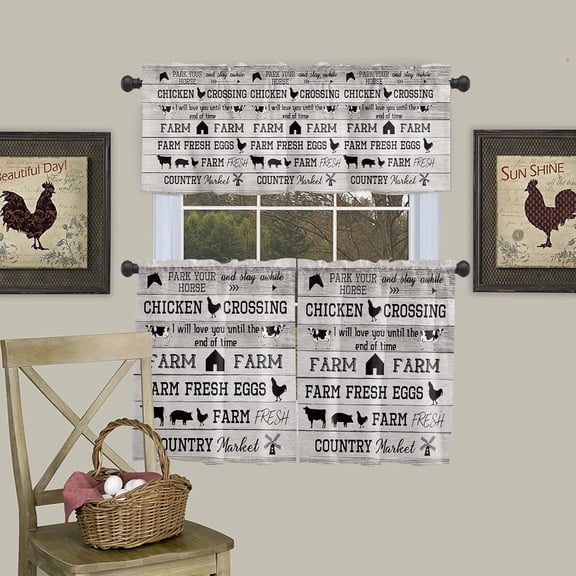Kitchen Cafe Window Tier Curtains and Valance 3 Pieces Set Farm Animal Cow Pig Chicken Print Rod Pocket Window Valances Panel Privacy Short Drapes Treatment for Bedroom Vintage Gray Wood Plank